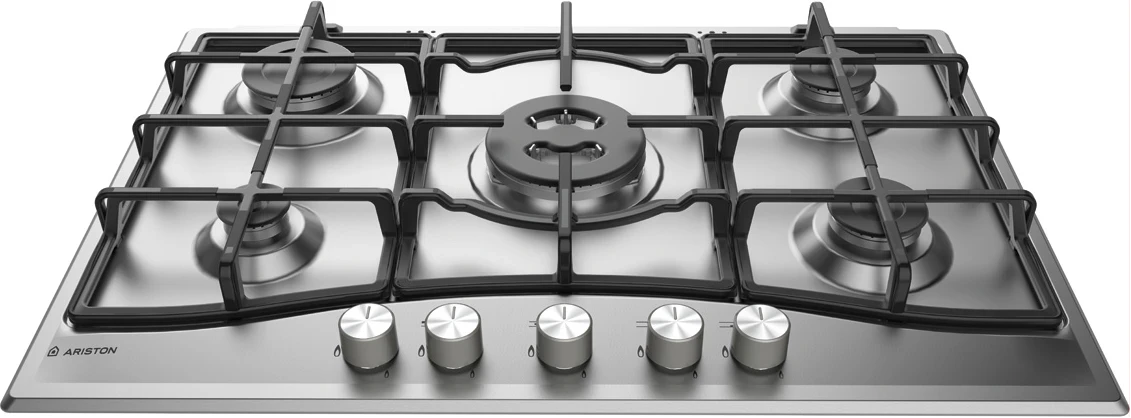 Ariston 75cm 5-Burner Gas Hob | Stainless Steel, Cast Iron