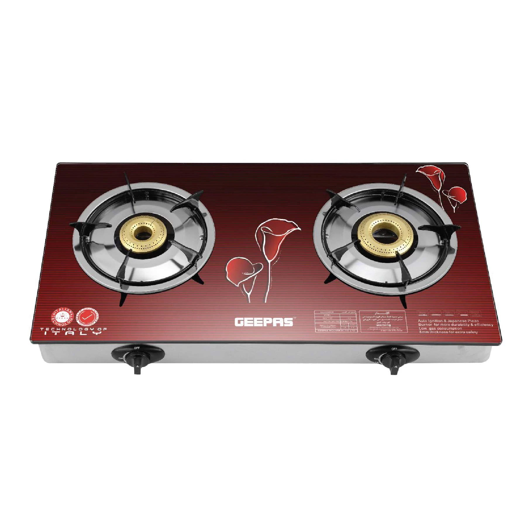 Geepas Double Burner Gas Stove GK5602 - Tempered Glass Top, Auto Ignition